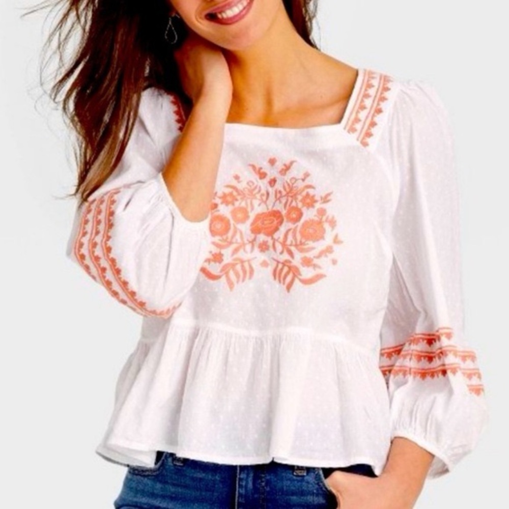 Universal Thread 100% cotton embroidered peplum top white & coral size XS - Picture 10 of 11
